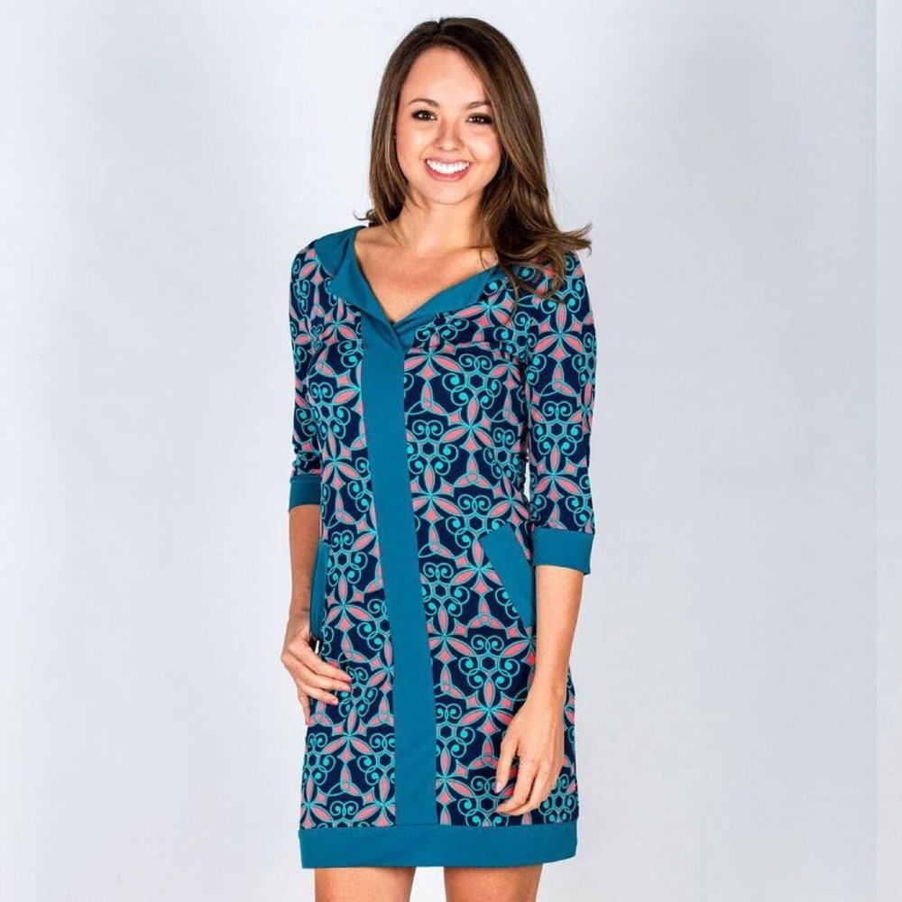 Tracy Negoshian Bright Blue Geo Cross Flower Dress